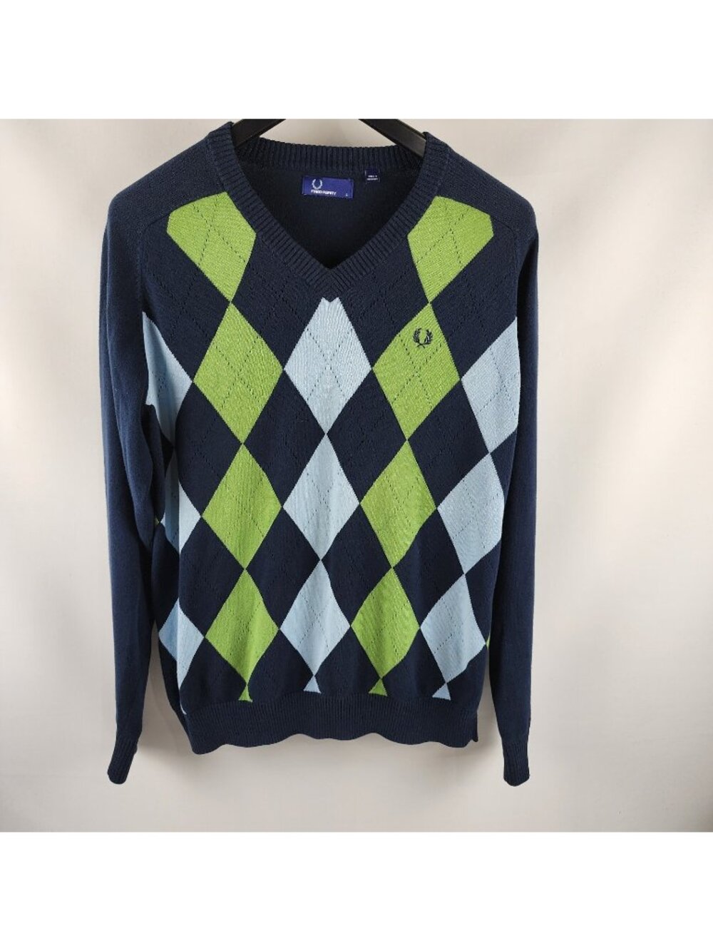 Fred Perry Sweater Mens Large Multi Argyle Knit Pattern V-Neck Pullover